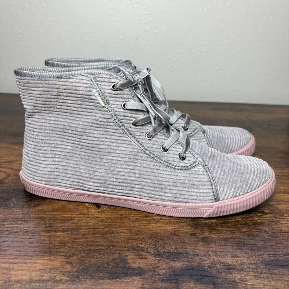 TOMS Grey Corduroy High Top Sneakers Pink Sole Ribbon Lace Womens 8.5